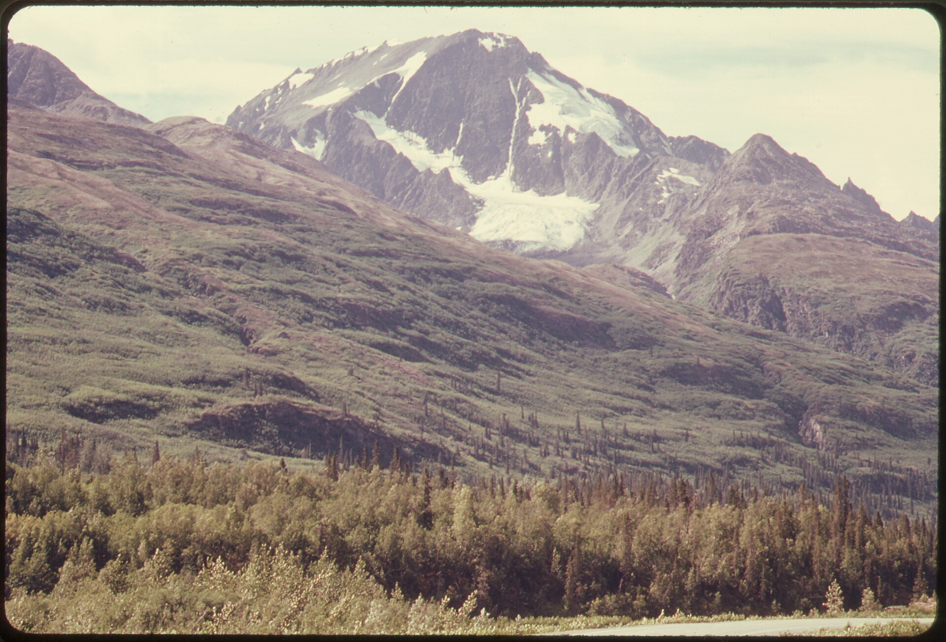 MOUNT DIMOND (ELEVATION 6,775 FEET) DOMINATES THIS SECTION OF THE TSINA RIVER VALLEY. HERE THE PIPELINE RUNS FROM... - NARA - 555660